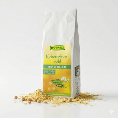Geröstetes Bio Kichererbsenmehl von Rapunzel, Kochzutat in 500g Packung, goldbraun und fein gemahlen, ideal für gesunde Gerichte