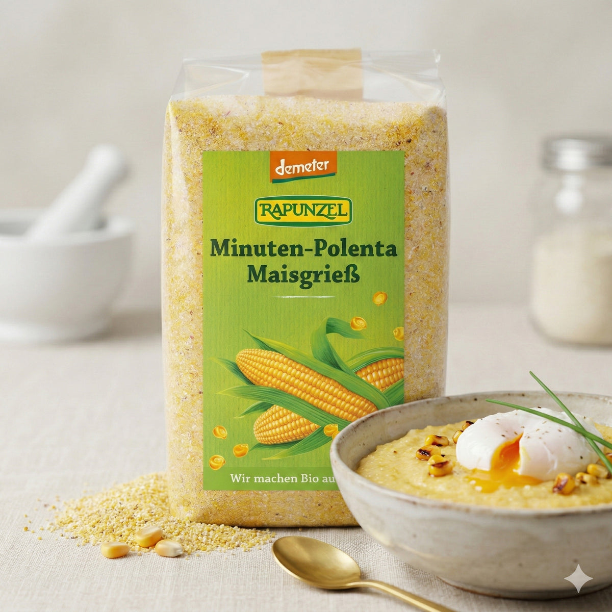 Rapunzel Bio Minuten-Polenta aus Maisgrieß, Demeter-Qualität, in einer Verpackung, ideal zum Kochen, ab 500g.