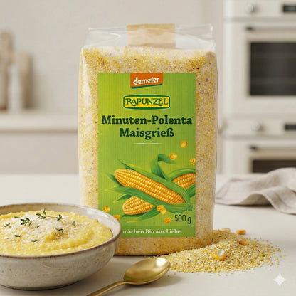 Bio Minuten-Polenta aus Maisgrieß von Rapunzel, Demeter, in einer Schüssel zum Kochen bereit