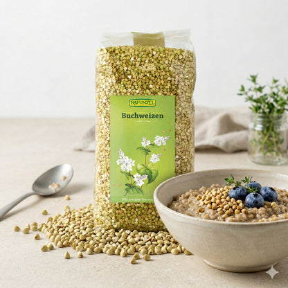 Bio Buchweizen von Rapunzel, 1000g, für Kochen, mit sichtbaren schwarzen Buchweizenkernen in einer Packung