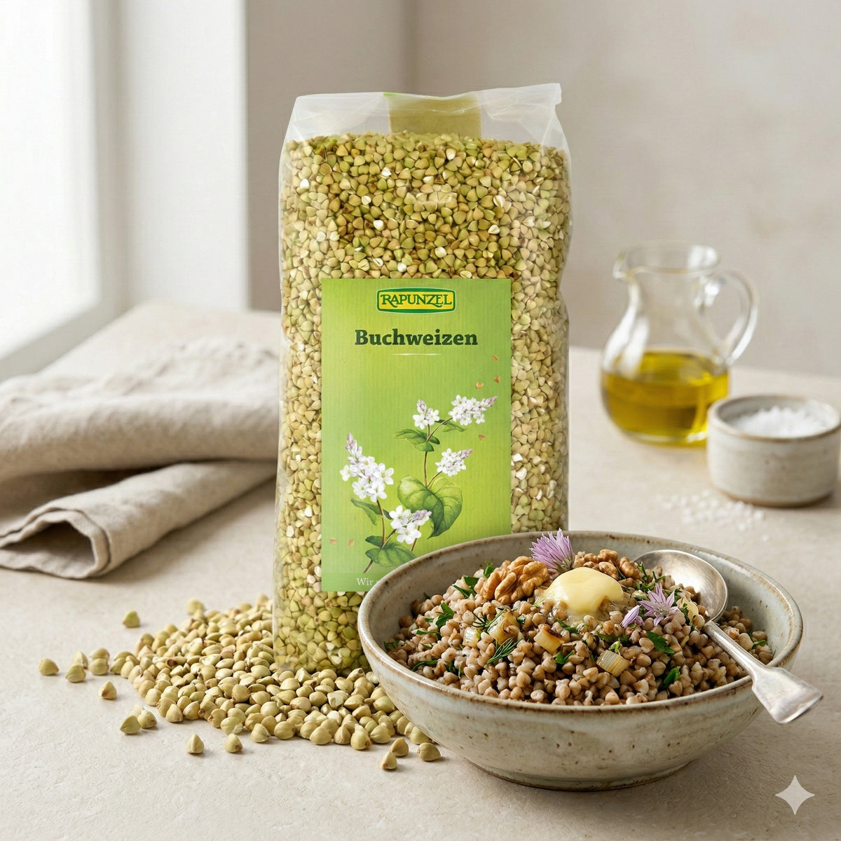 Bio Buchweizen von Rapunzel in einer Schüssel, ideal zum Kochen, mit rohem, ungeschältem Korn in einer transparenten Verpackung