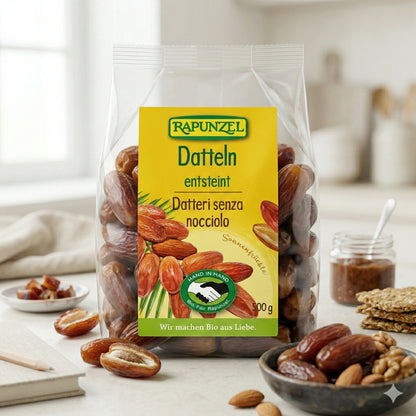 Bio Datteln Deglet Nour von Rapunzel, ohne Stein, für Kochen, 500g Packung, frische und saftige Datteln auf dem Bild
