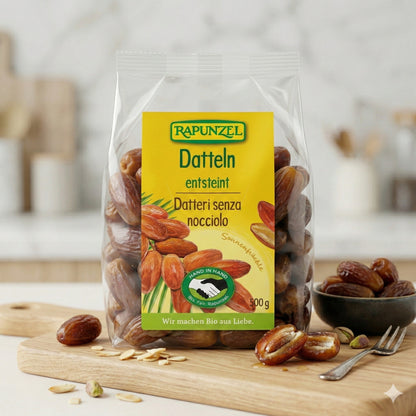Getrocknete Bio-Datteln ohne Stein von Rapunzel, Deglet Nour, in einer 500g-Packung, ideal zum Kochen und Naschen.