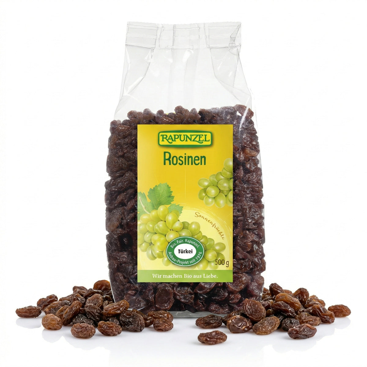 Rapunzel Bio Rosinen aus der Türkei, Frühstück, 500g, getrocknete saftige Rosinen in einer Schüssel.