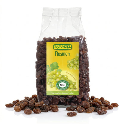 Rapunzel Bio Rosinen aus der Türkei, Frühstück, 500g, getrocknete saftige Rosinen in einer Schüssel.