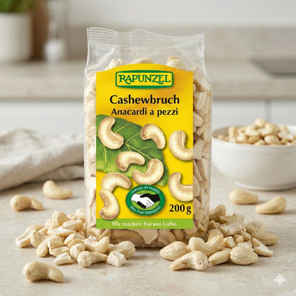 Rapunzel Bio Cashewbruch, 500g, rohe Cashewkerne in einer Schüssel, ideal zum Kochen und Backen, natürliche Bio-Qualität