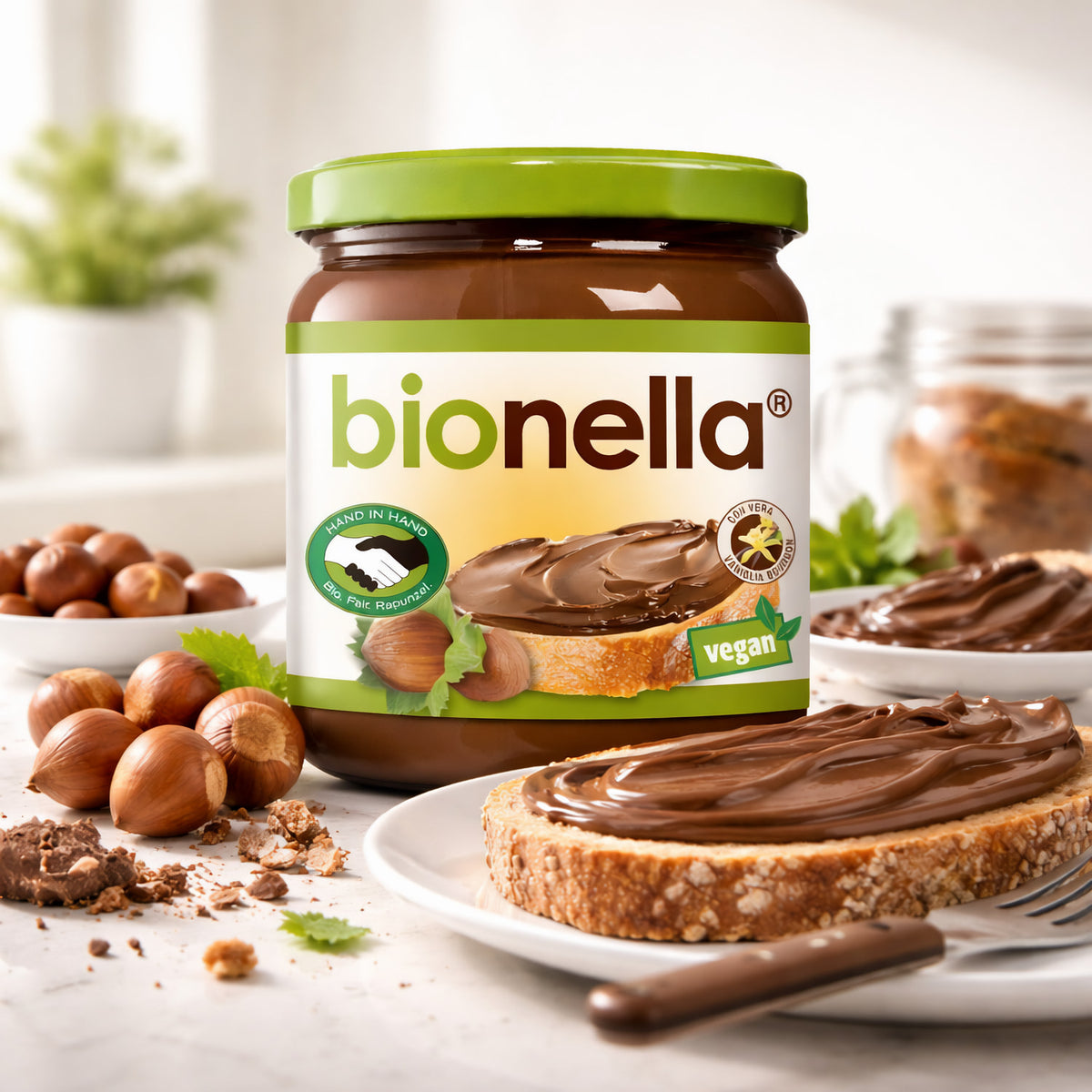 Vegane Rapunzel Bionella Nussnougat-Creme in 400g Glas, cremige Nuss-Nougat-Füllung für Kochen und Backen.