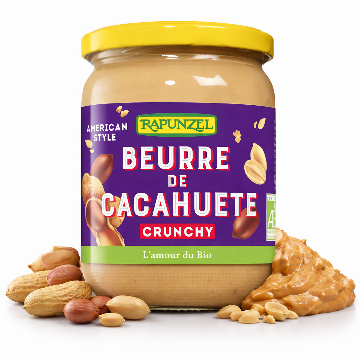 Bio Erdnussbutter Crunchy von Rapunzel in 500g Dose, cremige Erdnüsse mit knackigem Biss, ideal zum Kochen und für Snacks.