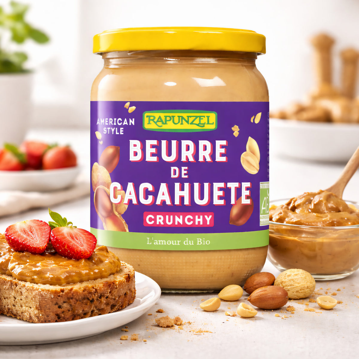 Bio Erdnussbutter Crunchy von Rapunzel in 500g Glas, cremige Erdnüsse mit knusprigen Stücken, ideal zum Kochen und Backen