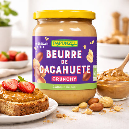 Bio Erdnussbutter Crunchy von Rapunzel in 500g Glas, cremige Erdnüsse mit knusprigen Stücken, ideal zum Kochen und Backen