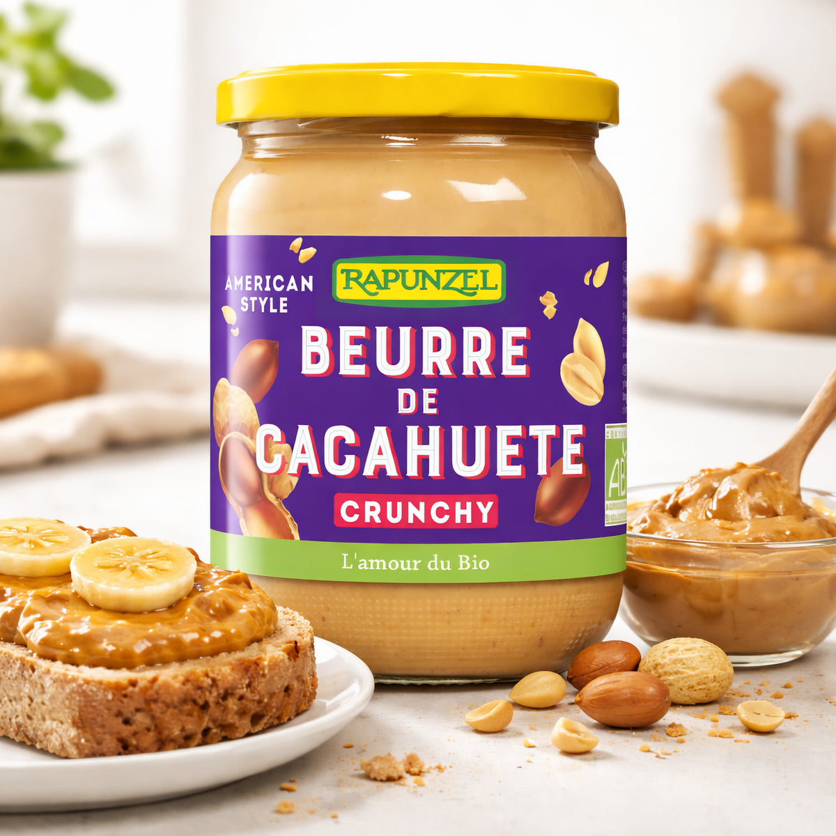 Bio Erdnussbutter Crunchy von Rapunzel in 500g Glas, cremige Erdnussbutter mit knackigen Nüssen für Kochen und Brot