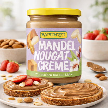 Bio Mandel-Nougat Creme von Rapunzel in 250g, cremige Mandel-Nougat-Füllung in einem Glas, ideal zum Kochen und Backen
