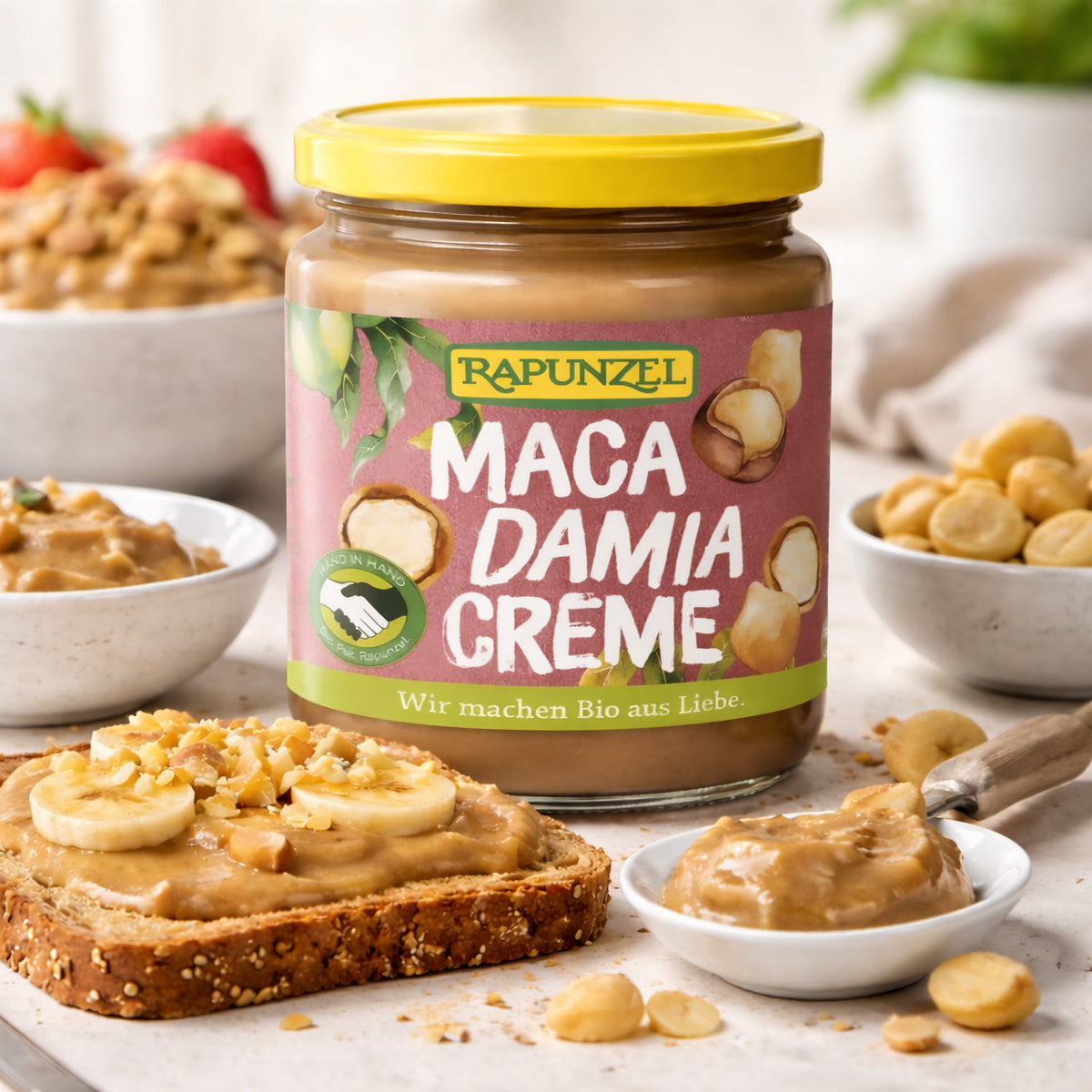 Bio Macadamia Creme von Rapunzel, 250g, zum Kochen geeignet, cremige Nusscreme in nachhaltiger Verpackung.