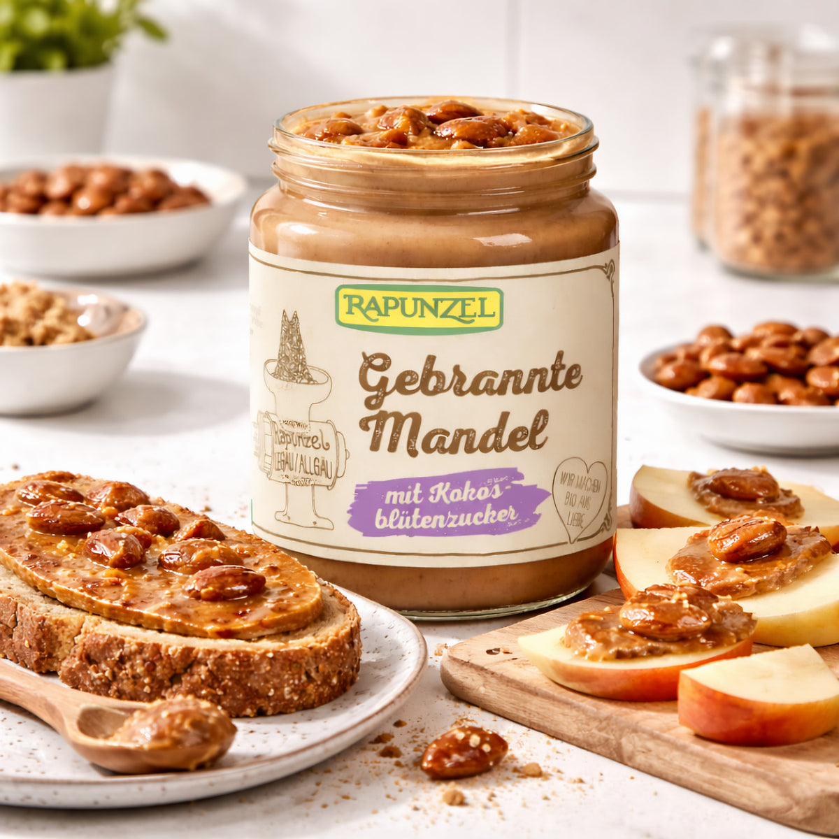 Bio gebrannter Mandelaufstrich von Rapunzel mit Kokosblütenzucker in 250g Glas, cremige Mandel- und Kokosgeschmack, ideal zum Kochen