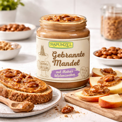 Bio gebrannter Mandelaufstrich von Rapunzel mit Kokosblütenzucker in 250g Glas, cremige Mandel- und Kokosgeschmack, ideal zum Kochen