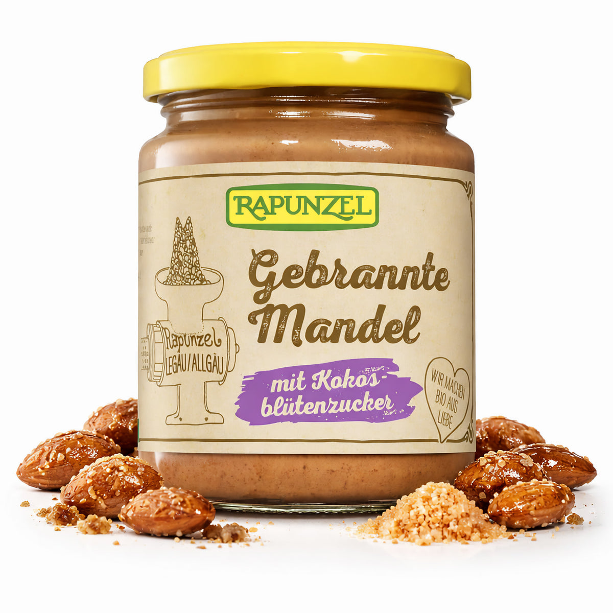 Bio gebrannter Mandel-Aufstrich von Rapunzel mit Kokosblütenzucker in einer 250g Packung, cremig und nussig, ideal für das Kochen.