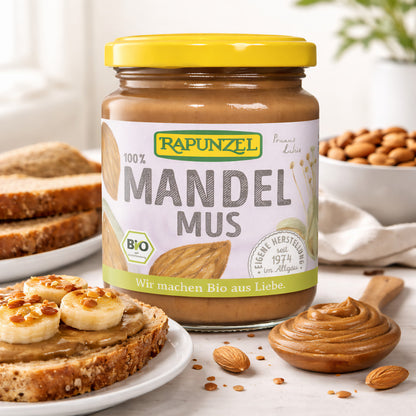 Mandelmus braun von Rapunzel in 500g Packung, ideal zum Kochen, mit cremiger Textur und natürlichem Mandelgeschmack