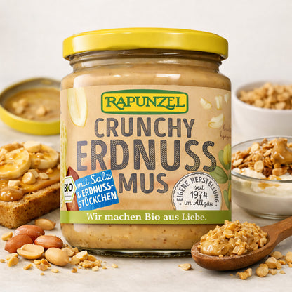 Bio Erdnussmus Crunchy mit Salz von Rapunzel, Glas mit Erdnusscreme und Salzkrümeln, ideal zum Kochen und Brotschmieren
