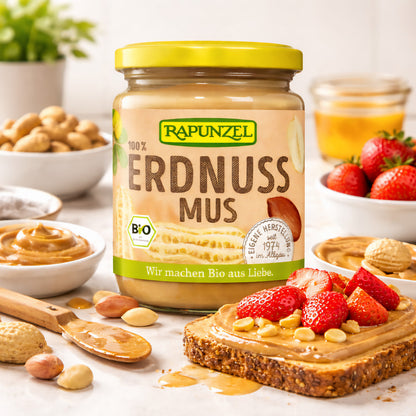 Bio Erdnussmus von Rapunzel in 250g Glas, cremige Erdnussbutter zum Kochen und Verfeinern, natürliche Erdnussaromen.