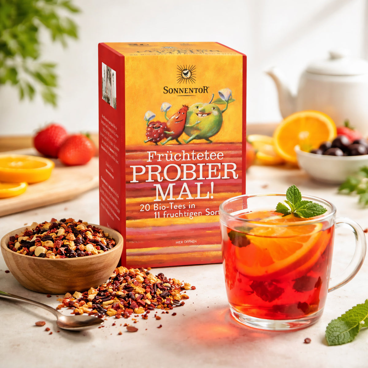 Sonnentor Bio Früchtetee Probier Mal, 20 Tees in 11 Sorten, fruchtiges Tee-Set in 47g Verpackung