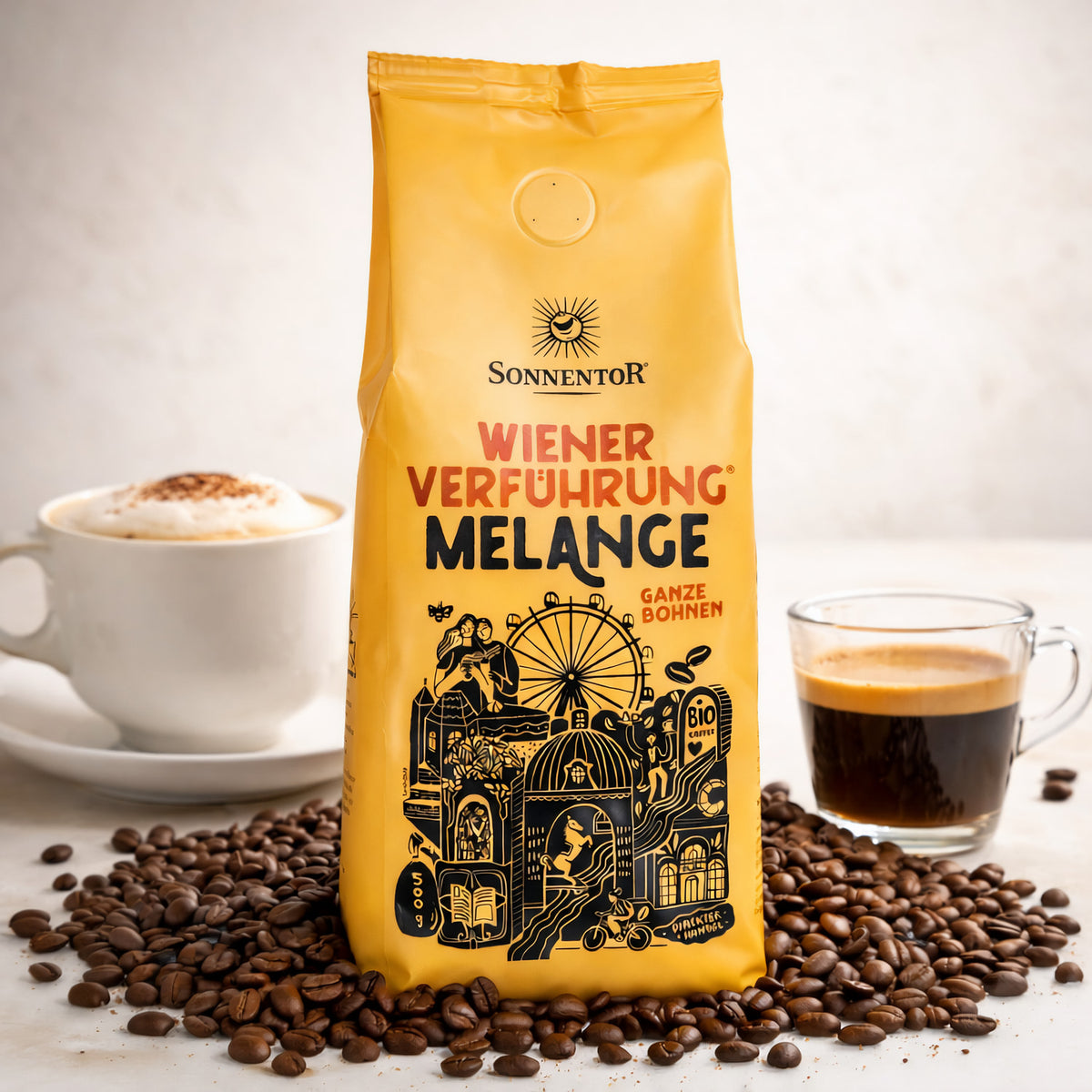 Frühstücks-Melange von Sonnentor, Wiener Verführung, Kaffeebohnen ab 500g, frisch und aromatisch in einer Packung.