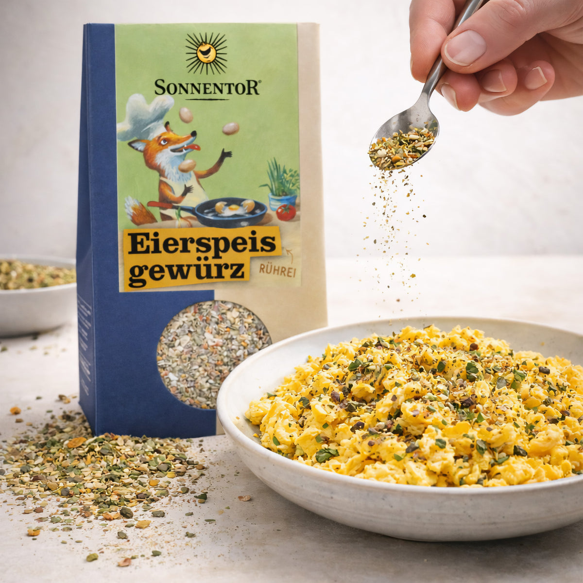 Bio Eierspeisgewürz von Sonnentor in einer 70g Dose, ideal zum Würzen von Eierspeisen beim Kochen.