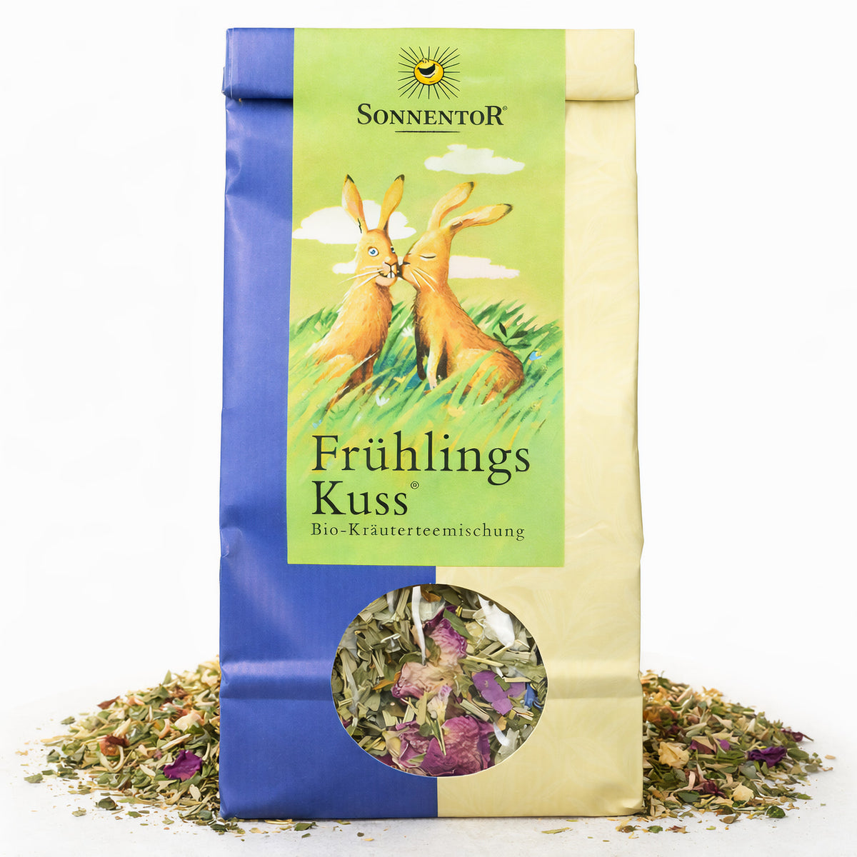 Lose Sonnentor FrühlingsKuss-Kräutertee in 80g, frischer Kräutertee mit blumigem Duft in einer offenen Teeverpackung.
