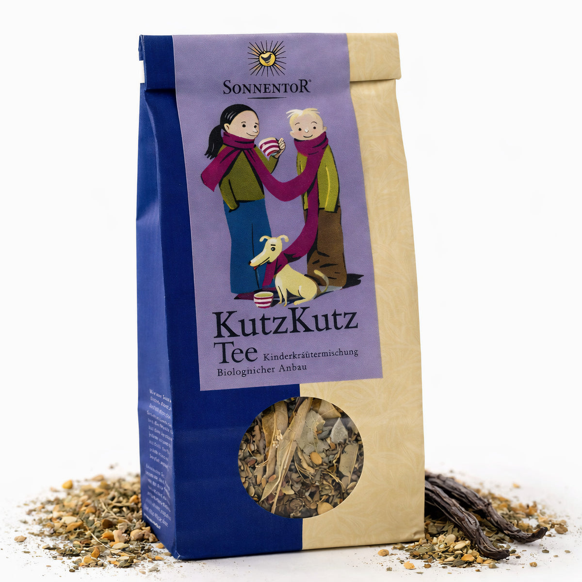 Bio Kutz Kutz Hustentee von Sonnentor, dampfende Tasse mit Kräuterteemischung, ideal bei Husten, auf weißem Hintergrund