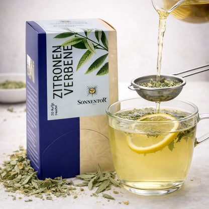 Tee mit Zitronenverbene im Beutel von Sonnentor, frischer Kräutertee in 27g Packung, zeigt Zitronenverbene und Kräuter im Beutel