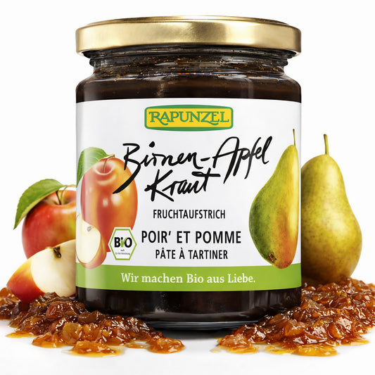 Rapunzel Birnen-Apfel-Kraut, Frühstücksprodukt, in einer 300g Dose, zeigt frisches, geschnittenes Frucht-Kraut auf dem Bild