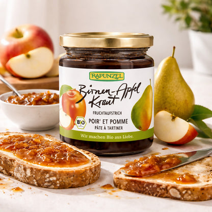 Rapunzel Birnen-Apfel-Kraut, Frühstück, 300g, zeigt ein Glas mit dem fruchtigen Sauerkraut aus Birnen und Äpfeln.