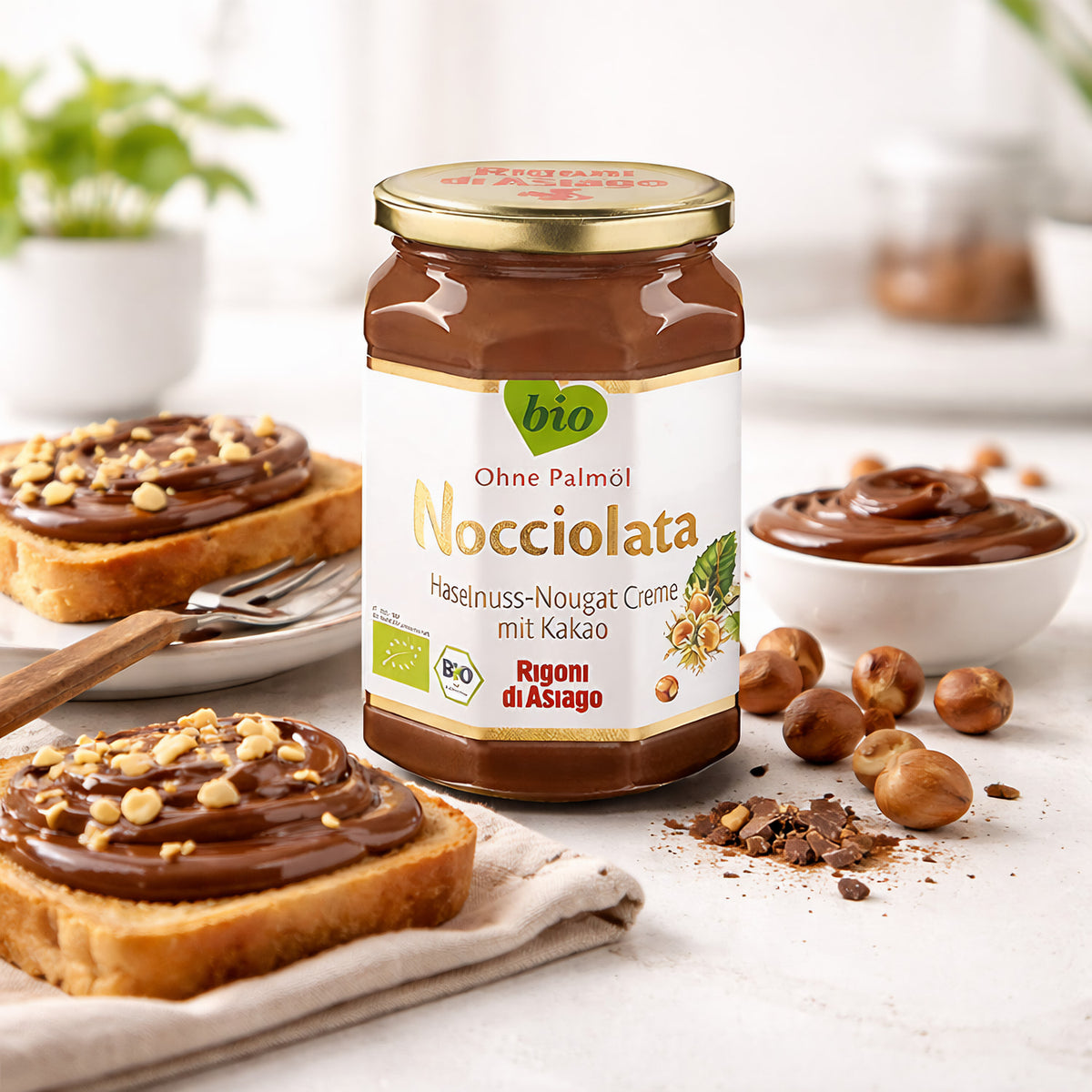 Haselnuss-Kakao-Nuss Nougat Creme von Rigoni di Asiago, cremige Haselnuss-Schoko-Aufstrich für Frühstück, 6x250g Packung