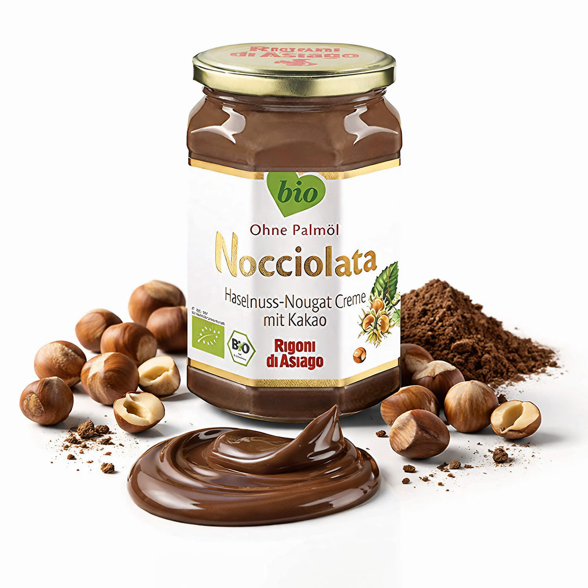 Rigoni di Asiago Haselnuss-Nougat-Creme mit Kakao, 6x250g, cremige Frühstücks-Haselnusscreme in Glas.