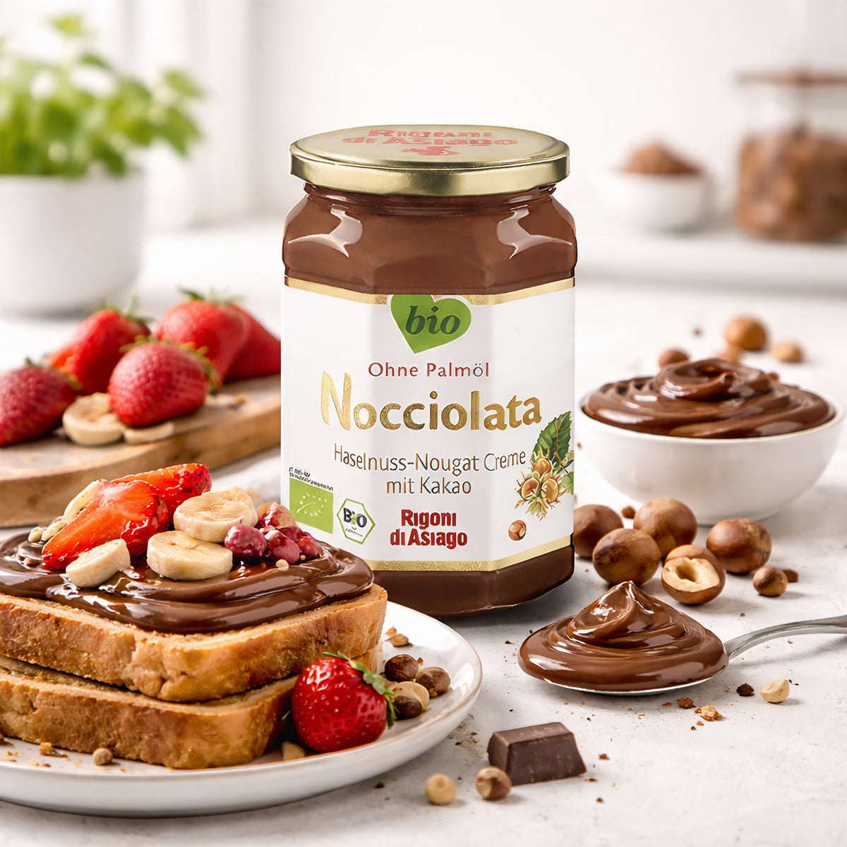 Haselnusscreme mit Kakao von Rigoni di Asiago, Nuss Nougat Creme für Frühstück, 6x250g Glas, cremige Haselnuss-Schokoladenpaste
