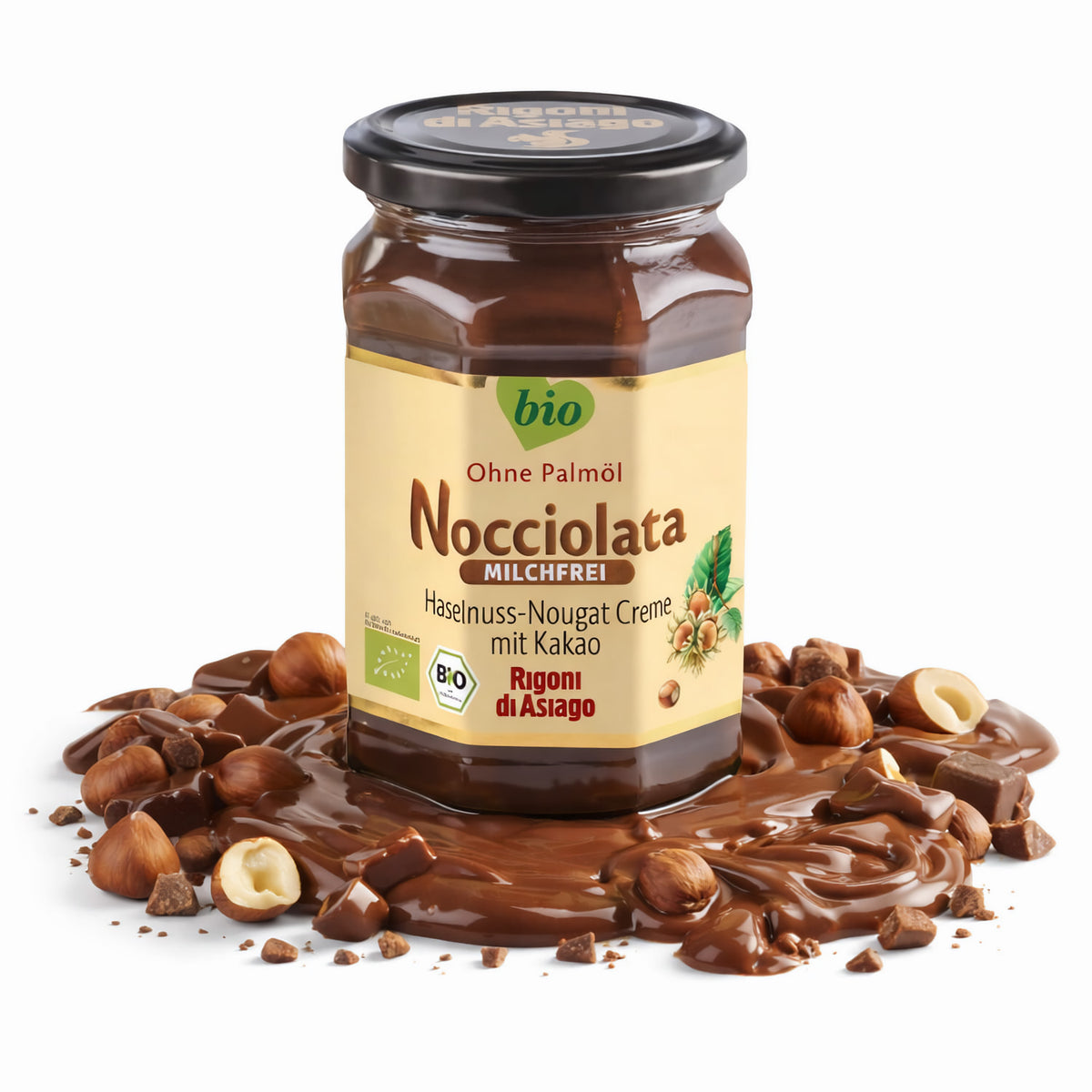 Bio Haselnusscreme von Rigoni di Asiago, milchfrei, ohne Palmöl, ideal für Frühstück, mit Haselnüssen und Schokolade.