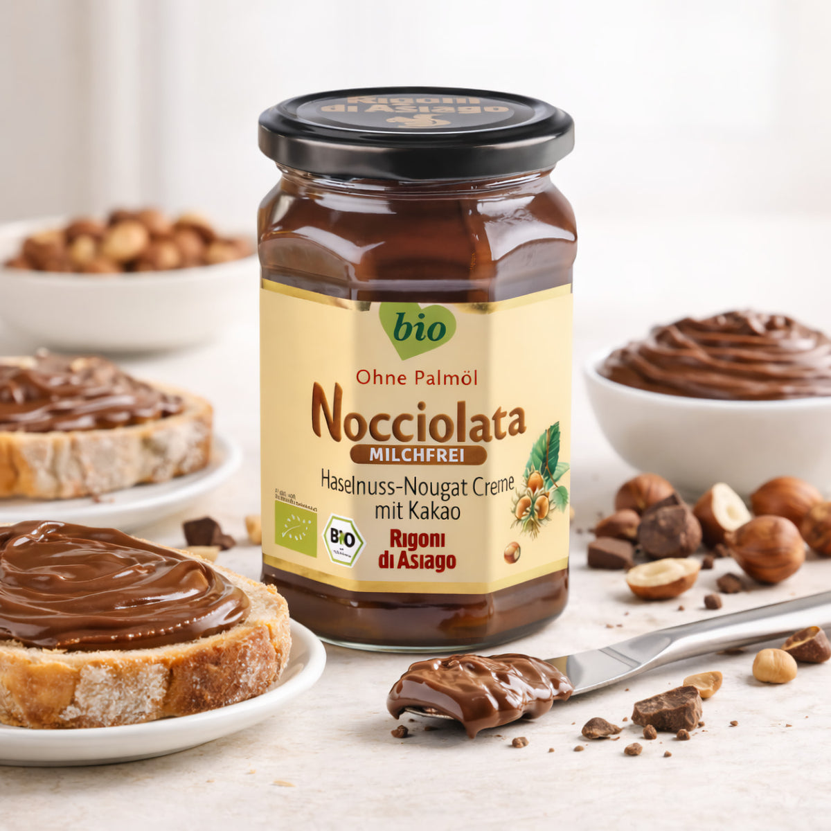 Rigoni di Asiago Nocciolata, bio Haselnusscreme ohne Palmöl, milchfrei, für Frühstück, 6x250g Glas, cremige Haselnussaufstrich