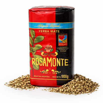 Argentinischer Rosamonte Special Mate-Tee aus 1kg Packung, traditionelle Yerba Mate mit grünen Blättern und goldener Verpackung