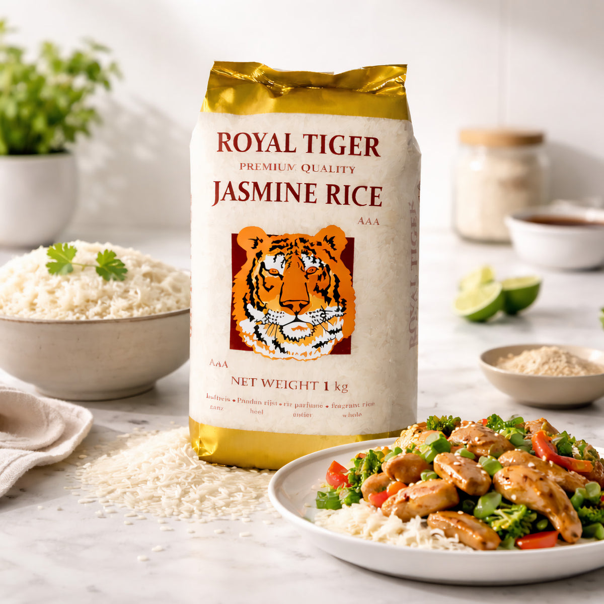 Jasmin Reis Royal Tiger im 1kg-Pack, frisch und aromatisch, ideal zum Kochen, mit sichtbaren langen, duftenden Reiskörnern