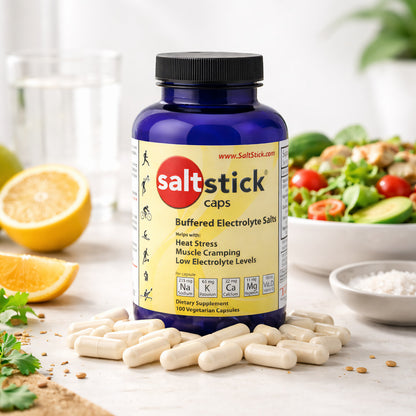 SaltStick Kapseln vor einer blauen Dose, im Hintergrund Zitronenhälften, ein Glas Wasser und ein Salat, Kapseln liegen auf dem Tisch.
