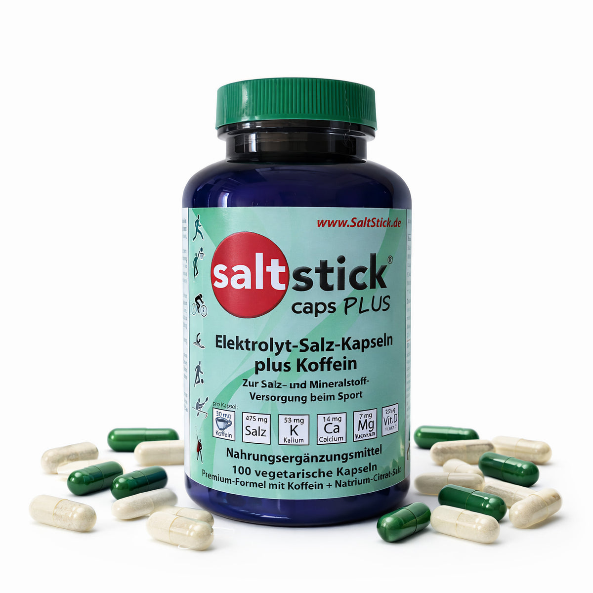 SaltStick Caps Plus Dose mit grünem Deckel und sichtbaren weißen und grünen Kapseln auf weißem Hintergrund, Produktetikett mit Angaben zu elektrolyte, salz und koffein.