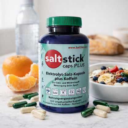 SaltStick Caps Plus Dose mit Kapseln, daneben eine geschälte Mandarine und eine Schale Müsli mit Obst, im Hintergrund eine Wasserflasche, Produkt mit koffein und mineralien.