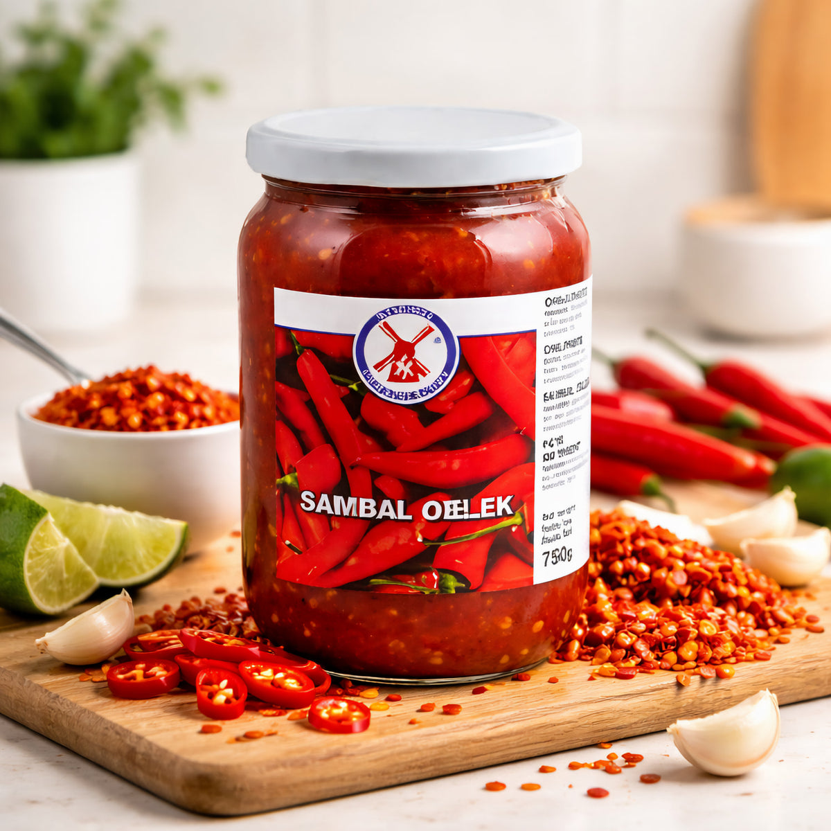 Scharfe Chili-Paste Sambal Oelek in einem 750g Glas, ideal zum Kochen, mit fruchtiger, würziger Chili-Note.