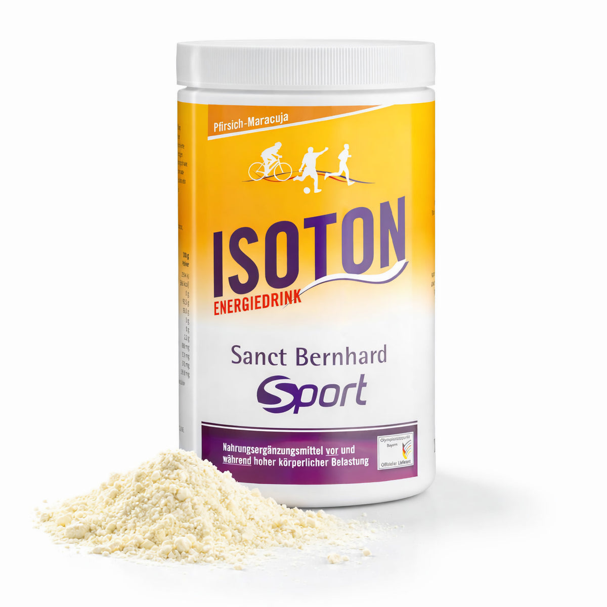 Sanct Bernhard SPORT Isoton Energiedrink 900g Dose mit weiß-gelbem Etikett, daneben ein Häufchen Isodrink-Pulver auf weißem Untergrund.