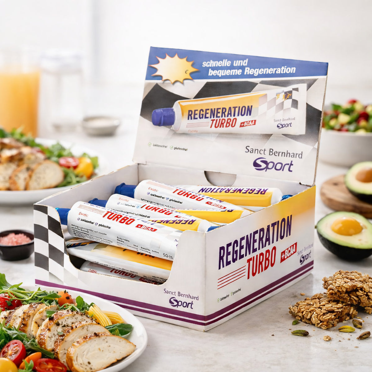 Sanct Bernhard Sport Regenerationsturbo mit BCAA in einer Box mit 18 Tuben, ideal für Sportnährstoffe und Muskelregeneration