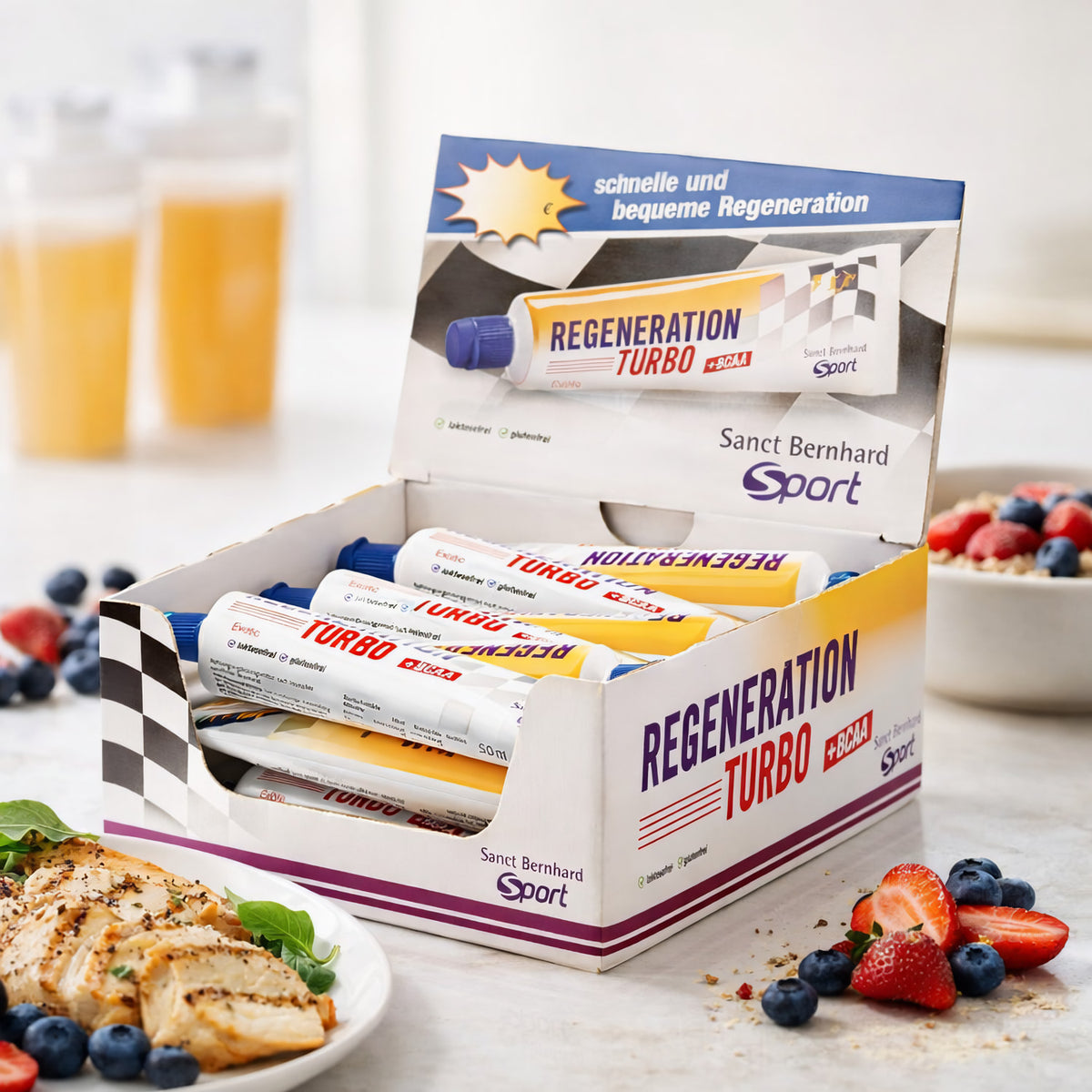 Sanct Bernhard SPORT Regenerationsturbo und BCAA Box mit 18 Tuben, Nährstoffe für Muskelregeneration und Leistungssteigerung
