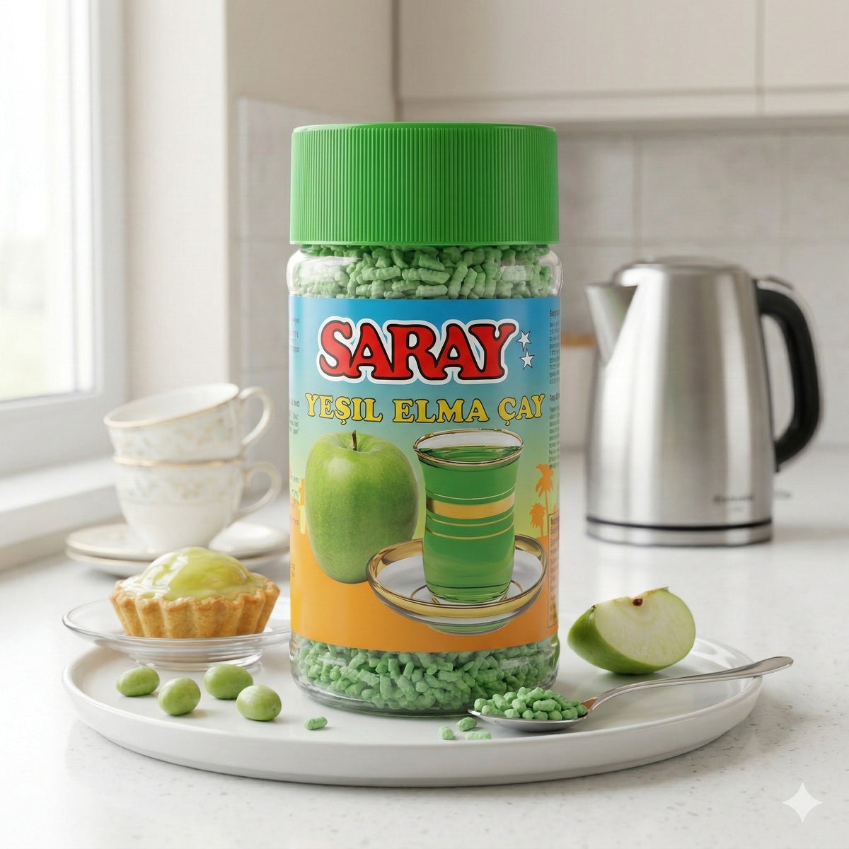 Saray Instant-Tee mit grünem Apfelgeschmack, Frühstückstee in einer 200g Packung, in einer Tasse serviert