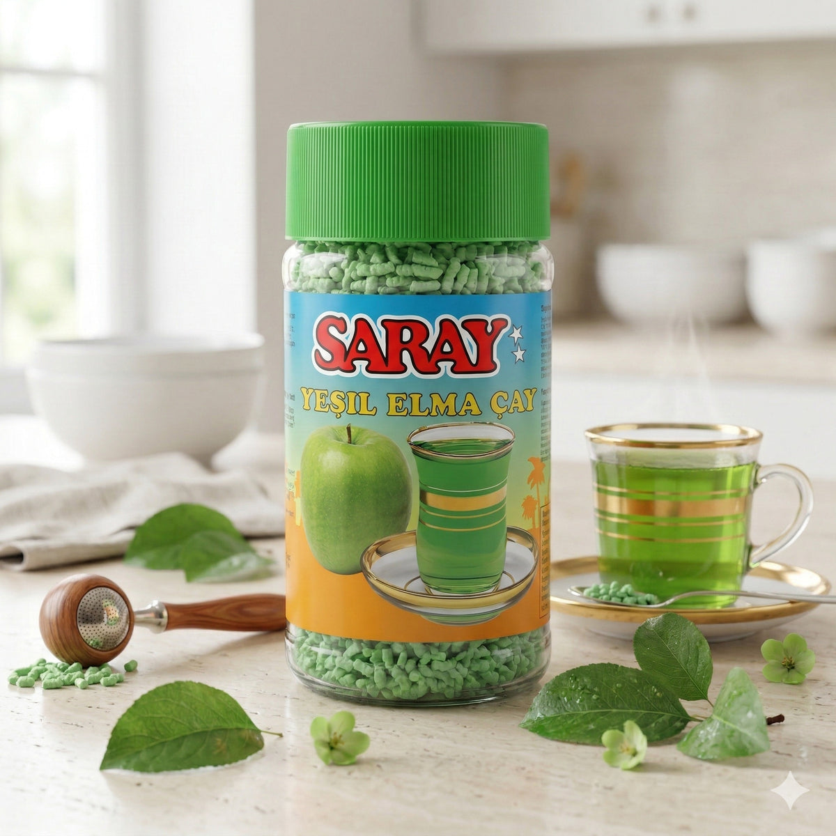 Grüner Apfelgeschmack Saray Instant-Tee für Frühstück, 200g Packung, aromatischer grüner Teegenuss in einer Verpackung.