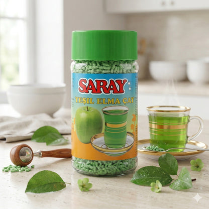 Grüner Apfelgeschmack Saray Instant-Tee für Frühstück, 200g Packung, aromatischer grüner Teegenuss in einer Verpackung.
