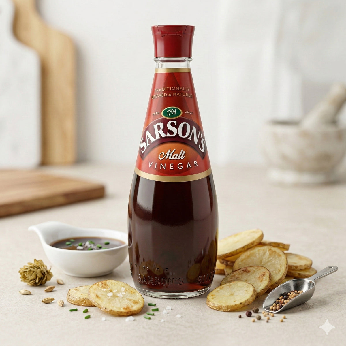 Sarson Original-Maltessig in 250ml Flasche, ideal zum Kochen, mit goldgelber Farbe und traditioneller Würze.