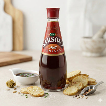 Sarson Original-Maltessig in 250ml Flasche, ideal zum Kochen, mit goldgelber Farbe und traditioneller Würze.